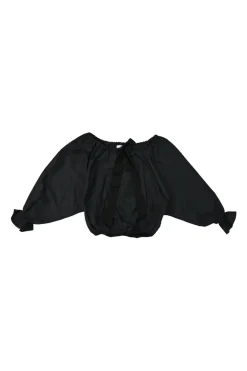 Black polyester off-shoulder balloon sleeve crop top with ribbon-tie fastening at centre front