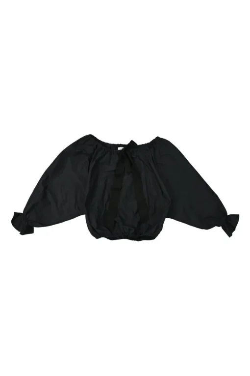 Black polyester off-shoulder balloon sleeve crop top with ribbon-tie fastening at centre front