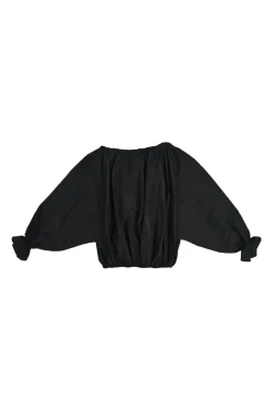 Black polyester off-shoulder balloon sleeve crop top with ribbon-tie fastening at centre front