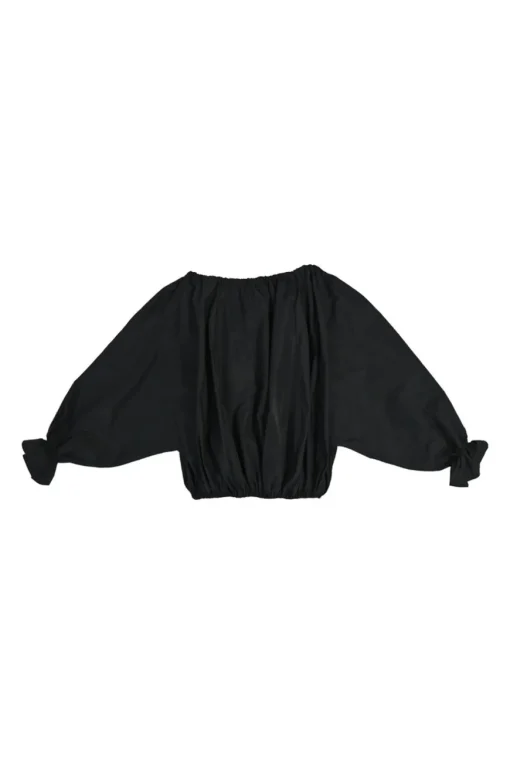 Black polyester off-shoulder balloon sleeve crop top with ribbon-tie fastening at centre front