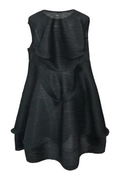 Black polyester origami swing-style plissé dress