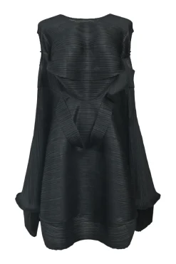 Black polyester origami swing-style plissé dress