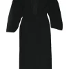 Black polyester plissé knit plunge neck midi dress with oversized dolman sleeves