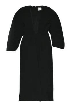 Black polyester plissé knit plunge neck midi dress with oversized dolman sleeves
