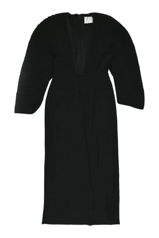 Black polyester plissé knit plunge neck midi dress with oversized dolman sleeves
