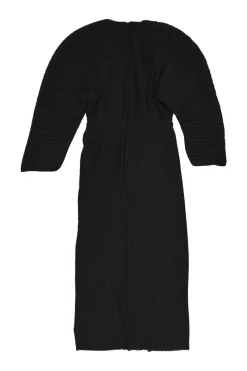 Black polyester plissé knit plunge neck midi dress with oversized dolman sleeves
