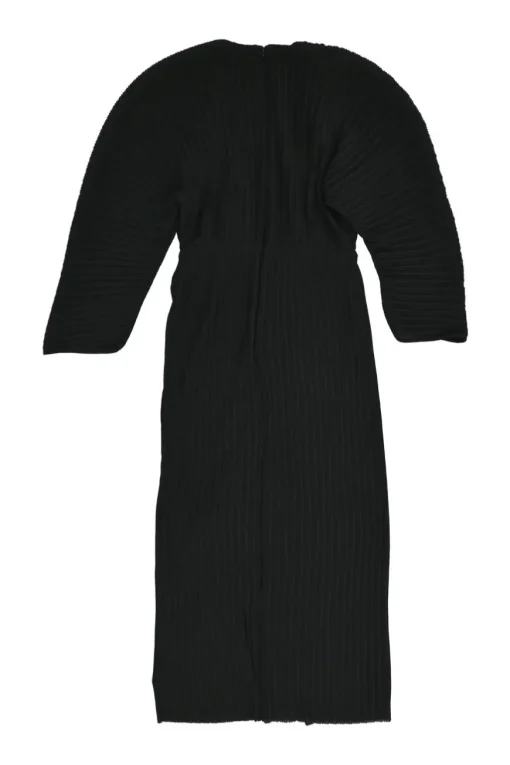 Black polyester plissé knit plunge neck midi dress with oversized dolman sleeves