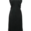 Black polyester plunge back sleeveless tie-waist plissé A-line knee-length dress