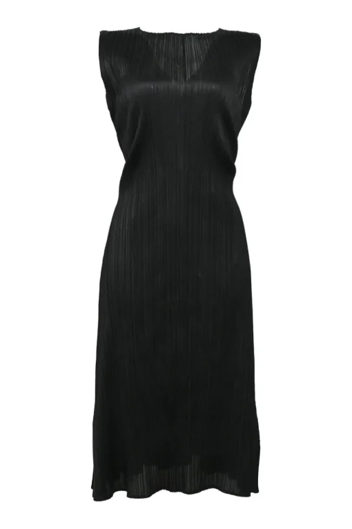 Black polyester plunge back sleeveless tie-waist plissé A-line knee-length dress