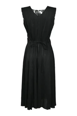 Black polyester plunge back sleeveless tie-waist plissé A-line knee-length dress
