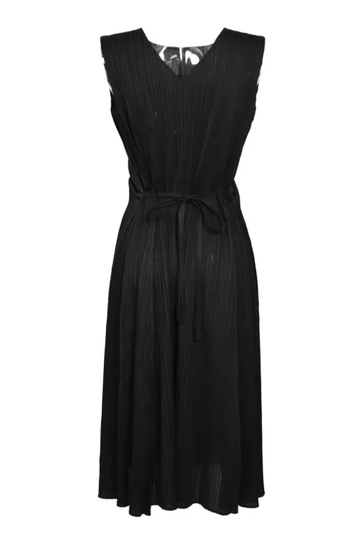 Black polyester plunge back sleeveless tie-waist plissé A-line knee-length dress