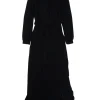 Black polyester plunge neck tie-waist pleated gown