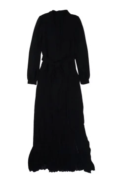 Black polyester plunge neck tie-waist pleated gown
