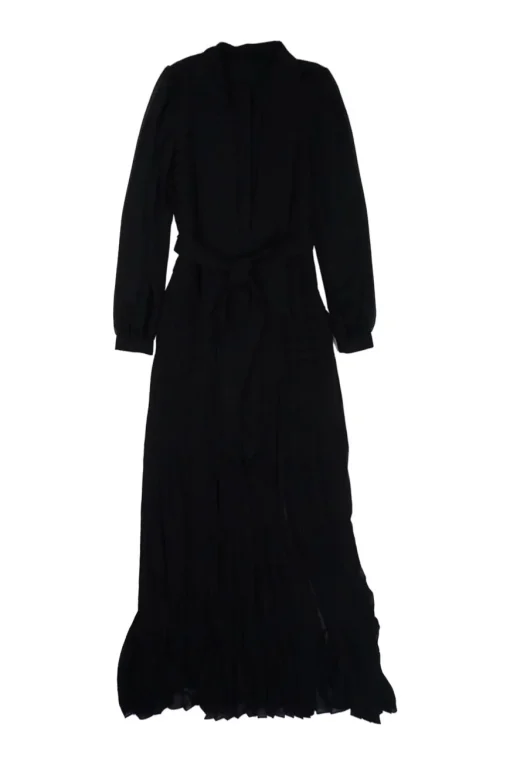 Black polyester plunge neck tie-waist pleated gown