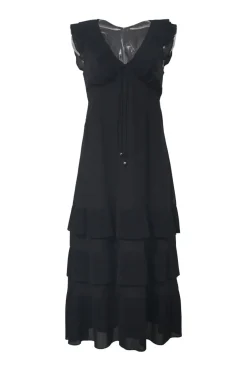 Black polyester plunge neck empire-waist maxi A-line plissé dress with flutter sleeve and tiered plissé skirt