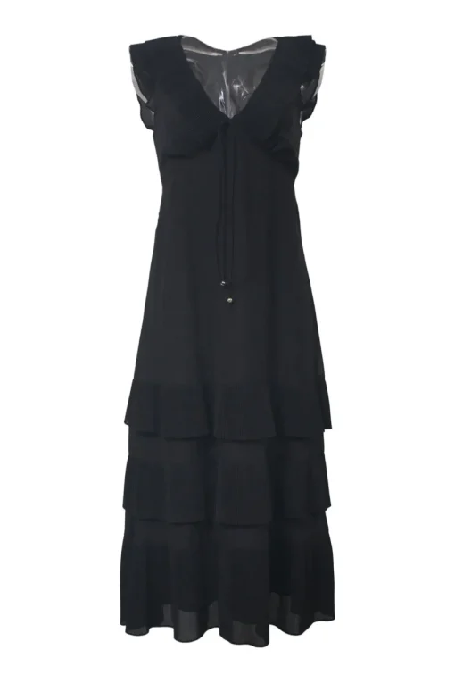 Black polyester plunge neck empire-waist maxi A-line plissé dress with flutter sleeve and tiered plissé skirt