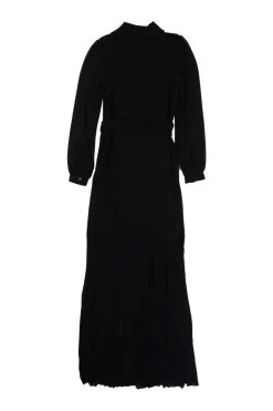 Black polyester plunge neck tie-waist pleated gown