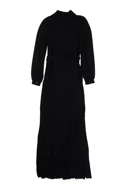 Black polyester plunge neck tie-waist pleated gown