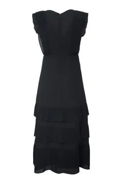 Black polyester plunge neck empire-waist maxi A-line plissé dress with flutter sleeve and tiered plissé skirt