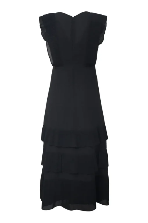 Black polyester plunge neck empire-waist maxi A-line plissé dress with flutter sleeve and tiered plissé skirt