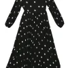 Black polyester polka dot print off-shoulder A-line midi dress with blouson sleeves and plissé skirt