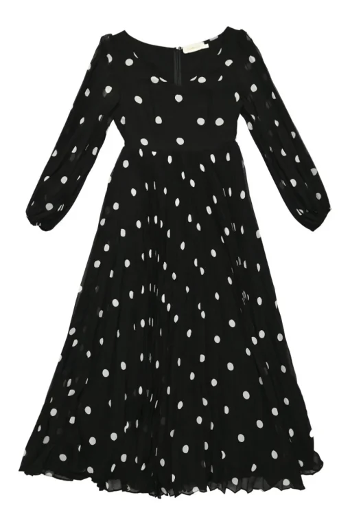 Black polyester polka dot print off-shoulder A-line midi dress with blouson sleeves and plissé skirt