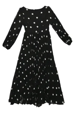 Black polyester polka dot print off-shoulder A-line midi dress with blouson sleeves and plissé skirt