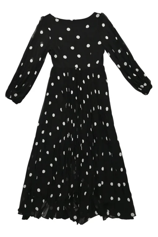 Black polyester polka dot print off-shoulder A-line midi dress with blouson sleeves and plissé skirt