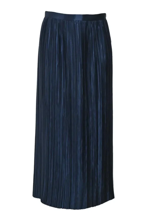 Black polyester pull-on A-line plissé midi skirt