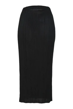 Black polyester pull-on high-rise maxi pencil plissé skirt