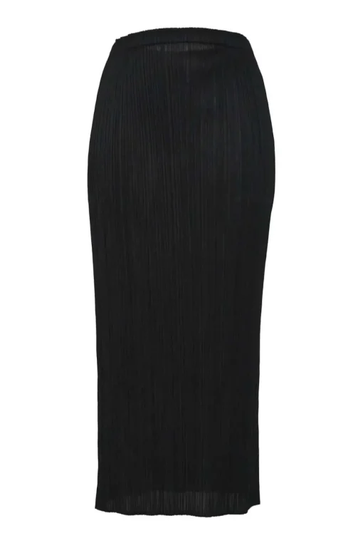 Black polyester pull-on high-rise maxi pencil plissé skirt