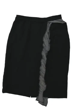 Black polyester pull-on knee-length skirt with contrasting ruffle appliqué