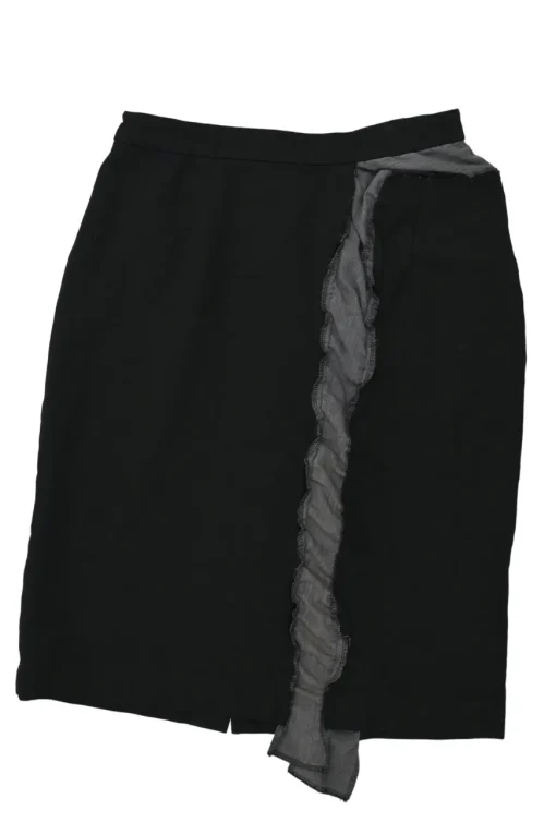 Black polyester pull-on knee-length skirt with contrasting ruffle appliqué