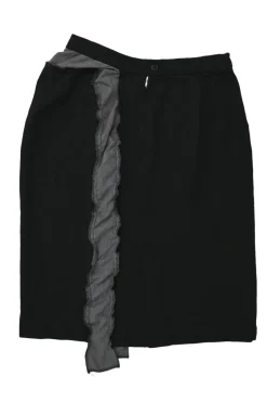 Black polyester pull-on knee-length skirt with contrasting ruffle appliqué