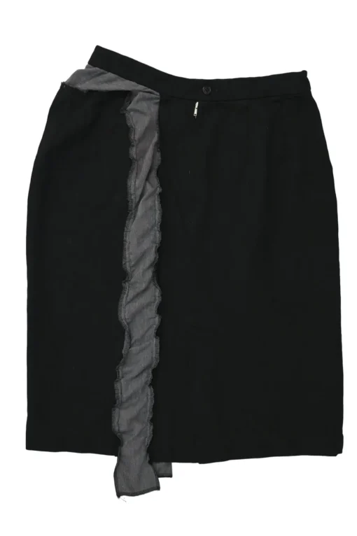 Black polyester pull-on knee-length skirt with contrasting ruffle appliqué