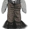 Black polyester ruched plumetis tulle illusion mini dress with balloon sleeves and flounce hem