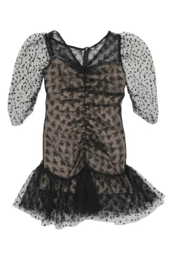 Black polyester ruched plumetis tulle illusion mini dress with balloon sleeves and flounce hem