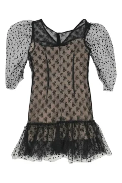 Black polyester ruched plumetis tulle illusion mini dress with balloon sleeves and flounce hem
