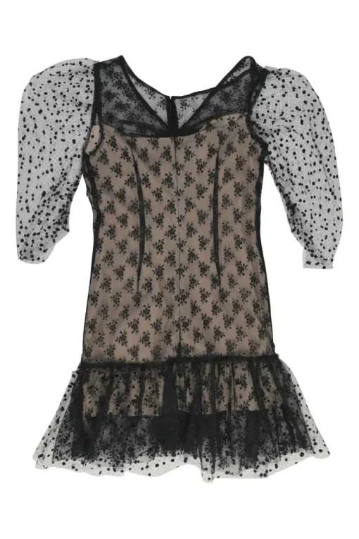 Black polyester ruched plumetis tulle illusion mini dress with balloon sleeves and flounce hem