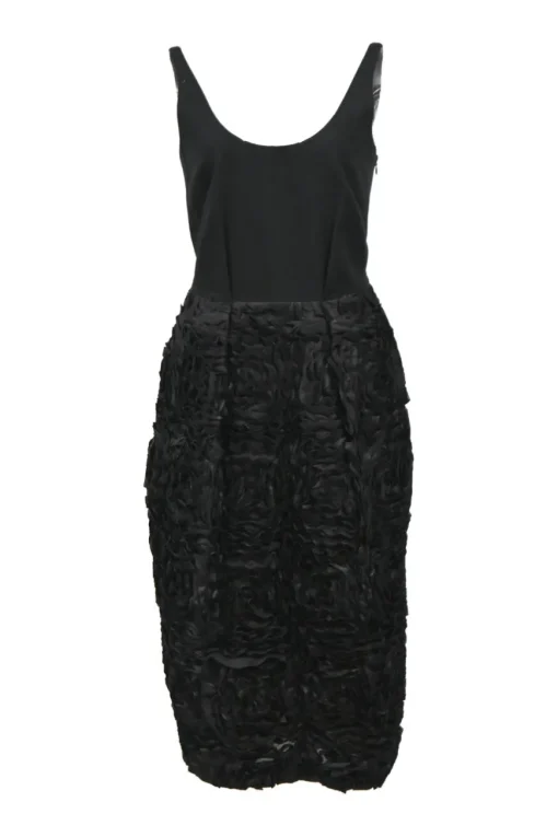 Black polyester scoop-neck sleeveless sheath dress featuring rosette-embellished skirt and tuck pleat waistline