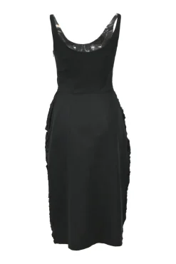 Black polyester scoop-neck sleeveless sheath dress featuring rosette-embellished skirt and tuck pleat waistline