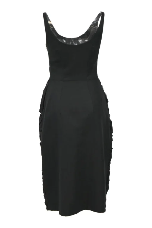 Black polyester scoop-neck sleeveless sheath dress featuring rosette-embellished skirt and tuck pleat waistline