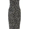 Black polyester-blend abstract dot print strapless sheath dress