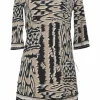 Black polyester-blend abstract print bateau neck cropped sleeve mini shift dress