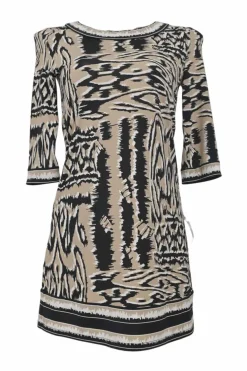 Black polyester-blend abstract print bateau neck cropped sleeve mini shift dress