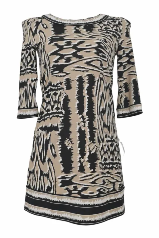 Black polyester-blend abstract print bateau neck cropped sleeve mini shift dress