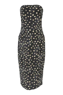 Black polyester-blend abstract dot print strapless sheath dress