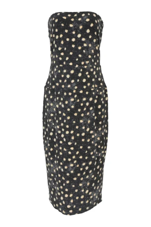 Black polyester-blend abstract dot print strapless sheath dress