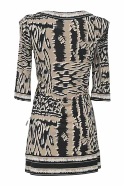 Black polyester-blend abstract print bateau neck cropped sleeve mini shift dress