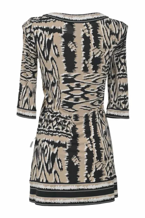 Black polyester-blend abstract print bateau neck cropped sleeve mini shift dress
